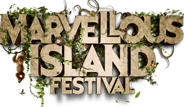 Marvellous Island Festival logo with stone text, jungle vines, and an orangutan on a black background.