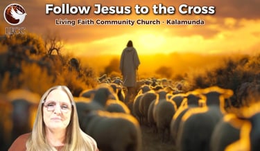 A church graphic of Jesus as a shepherd leading sheep toward a golden sunset.