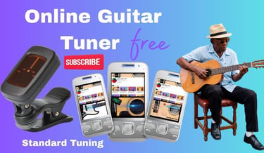 Free online guitar tuner app displayed on smartphones alongside a man playing acoustic guitar.