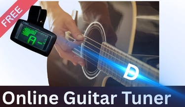 Digital clip-on guitar tuner displayed over an acoustic guitar being played by a hand.