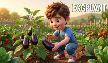 A cartoon boy harvests a ripe purple eggplant from a garden plant using garden shears.