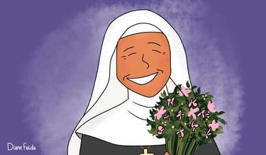 a nun. Soeur religieuse avec sourire et fleurs. By Diane Mulolo Faida