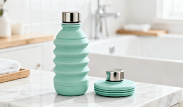 The “PureForm” collection’s mint green silicone collapsible water bottle.