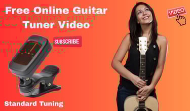 A woman holding an acoustic guitar next to a clip-on online guitar tuner for free online lessons.