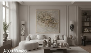 Luxurious living room interior with neutral tones and a sofa.