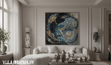 Modern interior featuring a large blue abstract painting over a sofa.