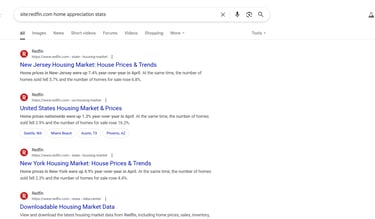 researching data for blog writing - redfin home appreciation stats example