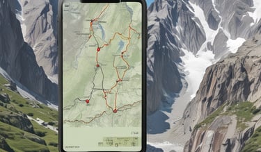 A smartphone displaying a digital hiking map overlaying a scenic view of rugged mountains and a valley.