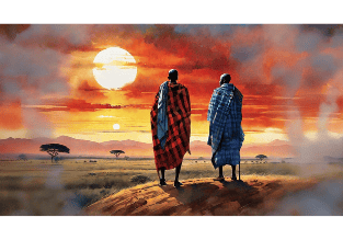 two people standing on a hill with a sunset in the background