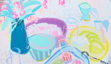 a pink painting of a vase with flowers in a vase, pink tablescape by artist Lena Sin, original art