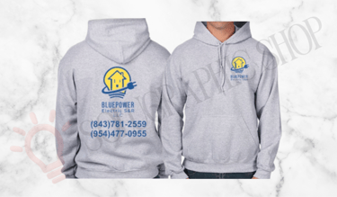 Hoodie gris de Blue Power Electric SNR LLC con logo, teléfonos e info al frente y atrás.