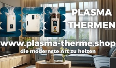 Werbebanner für Utet Lotus Plasma-Thermen: Drei Heizgeräte vor modernem Wohnzimmer, mit Text ‚Plasma Thermen – www.plasma-the