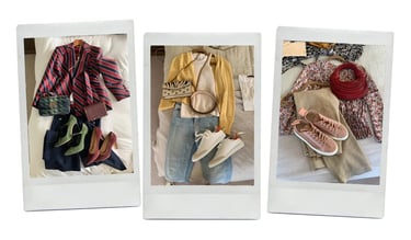 dhm.style fashion spread showing striped blazer, handbags, and heels styled together.