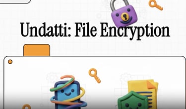 Undatti | file encryption banner featuring 3D clay characters, a purple padlock, and security keys.
