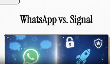 A comparison graphic of WhatsApp vs. Signal messaging apps showing security icons and chat bubbles.