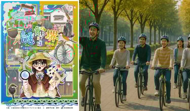 堺のまちなかを自転車で巡る謎解きイベント「謎解けば堺」のポスターと参加者が楽しそうに走る様子のイメージ画像｜堺市のニュースならサカイタイムズ