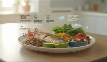 A beautifully arranged Mediterranean-style plate featuring grilled fish, colorful roasted vegetables