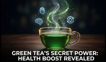 Hot green tea cup with glowing antioxidant icons showing health benefits.
