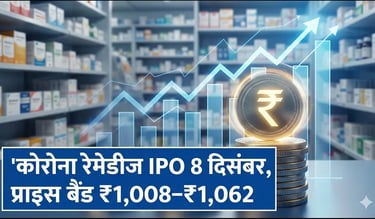 Stock market chart with pharma background showing Corona Remedies IPO price band announcement.