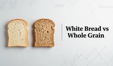 White bread and whole grain bread comparison with subtle health data background in news style