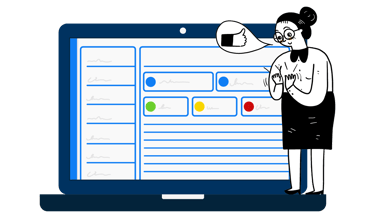 Ilustração de mulher olhando para plataforma em laptop com sinal de aprovação