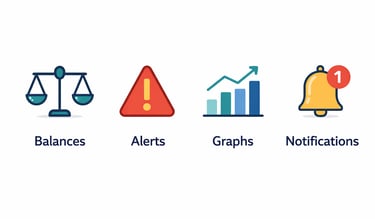 visual representation of credit monitoring showing balances alerts and score tracking icons