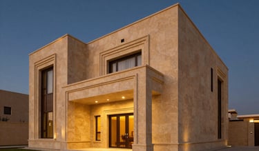 Wide angle architectural exterior of a luxury modern villa facade, clean lines, warm sand-gold stone, integrated lighting, dusk sky, Riyadh