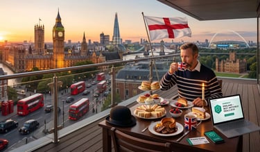 Kaspersky England: Afternoon tea and Big Ben view from a London terrace with antivirus promo codes