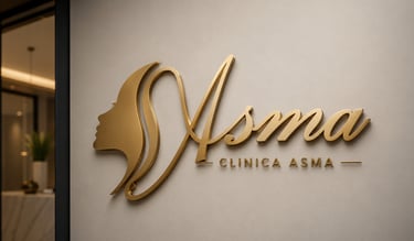 Luxury gold clinic signage design for Asma Clinica featuring elegant metallic lettering and premium wall-mounted branding.