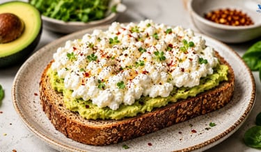 Creamy cottage cheese, chili flakes and fresh herbs on whole-grain avocado toast.