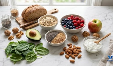 Healthy foods that are typically found in a high fiber breakfast.