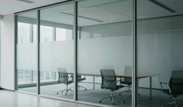 Minimalist corporate boardroom with clean glass partitions and steel frames, cool-toned daylight, sharp architectural lines.