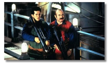 Filme Super Mario Bros 1993, irmãos Mario e o Rei Koopa usando a Bazuca Super Scope