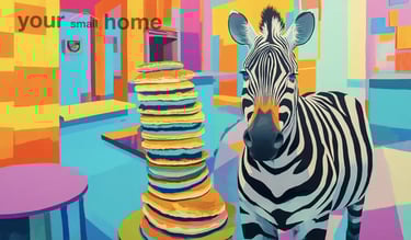 zebra with pankcakes in colourful kitchen