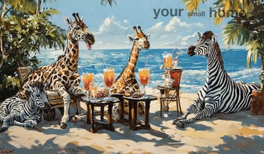 zebra and giraffe by the beach