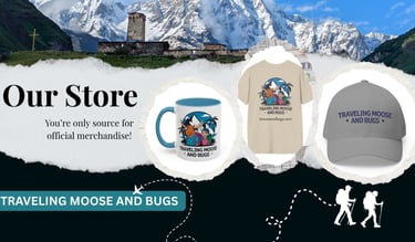 Traveling Moose and Bugs custom Merchandise collage featuring logoed mug, shirt, and hat.