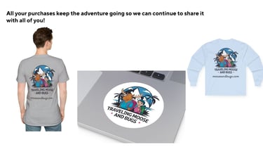 A collage showing a sample Moose and Bugs merchandise, a t-shirt, vinyl sticker & long sleeve shirt.