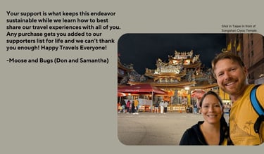 Moose and Bugs in front of a temple in Taipei and text thanking the reader for their support.