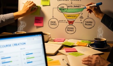 Hands draw a customer journey flowchart with a funnel diagram on a whiteboard.