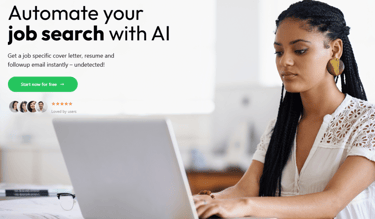 a woman sitting at a desk with a laptop and a text saying Automate your job search with AI