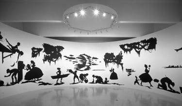Barbara Kruger e Kara Walker utilizam colagens para questionar questões de gênero, raça e poder. 