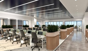 3D-rendered open-plan office with ergonomic desks, green dividers, and sleek lighting –by SketchyCAD