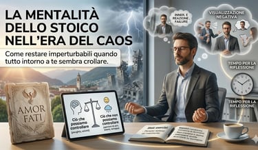 Professional man practicing Stoic meditation and mindfulness amidst a chaotic storm of life events.