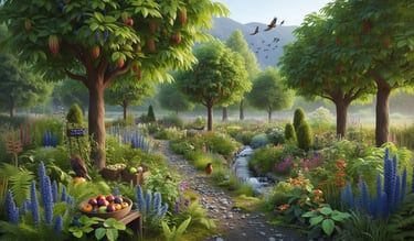 different fruit trees with herbs and flowers