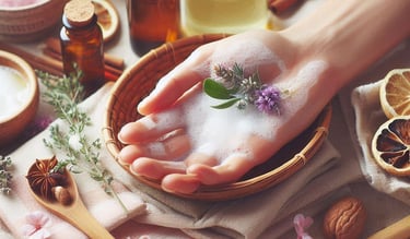 a hand with soapy water, various natural ingredients around