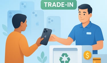 a man is giving a person a phone to trade in and recycle