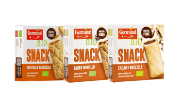 Le tre nuove referenze snack Germinal Bio farro mirtillo integrale albicocca e cacao nocciole