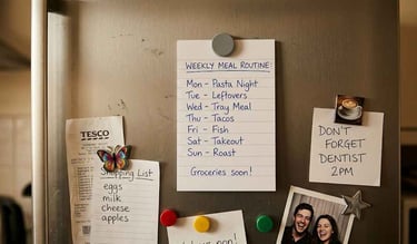 Handwritten weekly meal plan on a fridge with shopping list and notes in a home kitchen