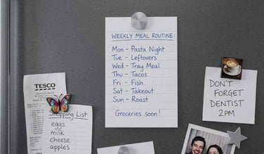 Handwritten weekly meal plan on a fridge with shopping list and notes in a home kitchen