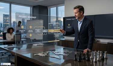 Ejecutivo ante un panel de cristal con un roadmap de producto y ajedrez en la oficina.